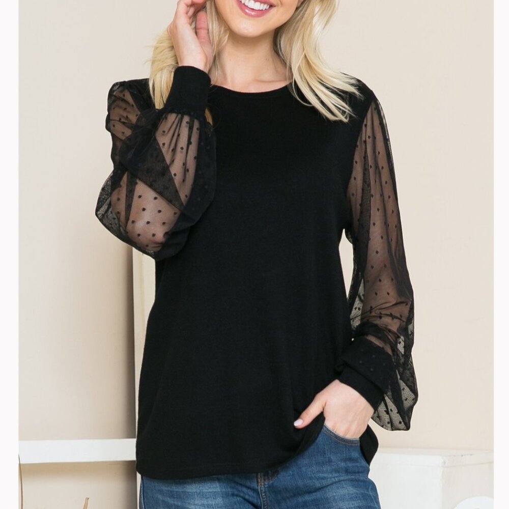 NEW Mesh Polka Dot Long Sleeve Top, Puff Sleeves, Stretch Fabric Knit Blouse - Picture 1 of 5